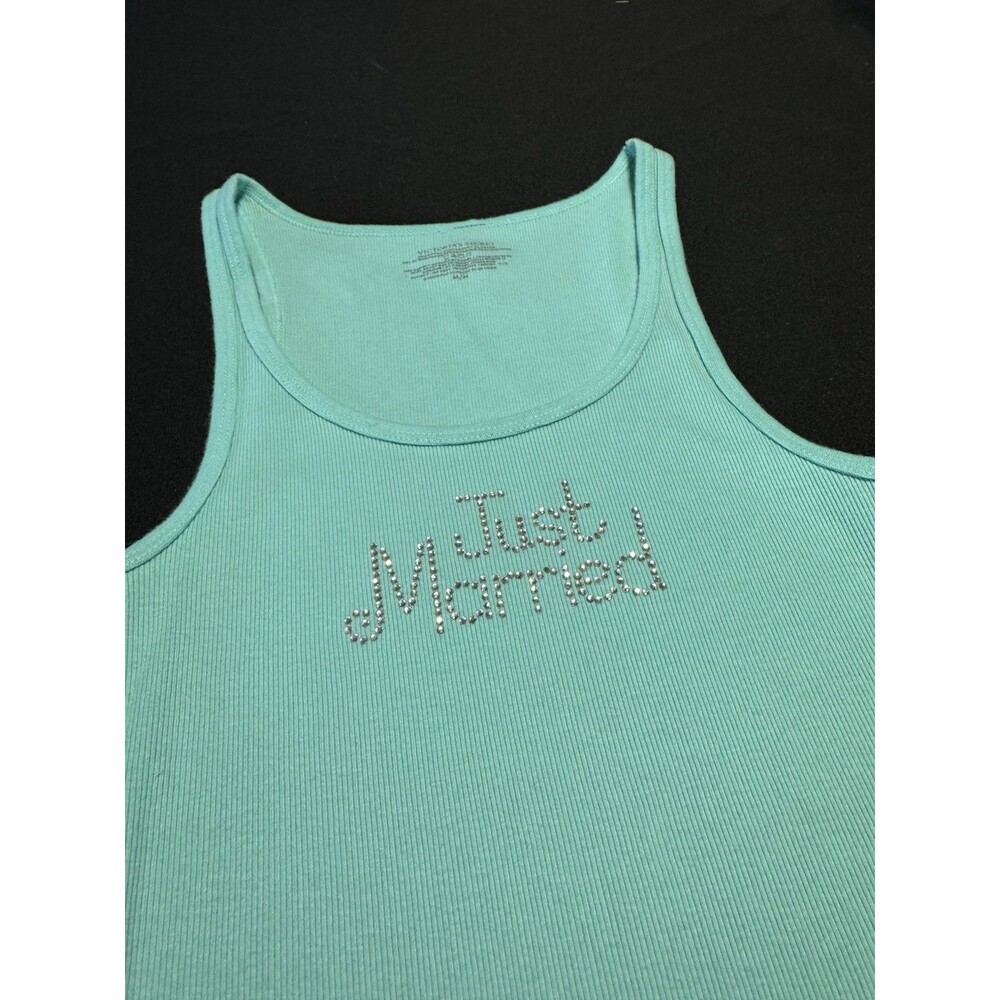 VICTORIA'S SECRET SPARKLING "JUST MARRIED" TANK TOP MEDIUM Aqua Honeymoon EUC